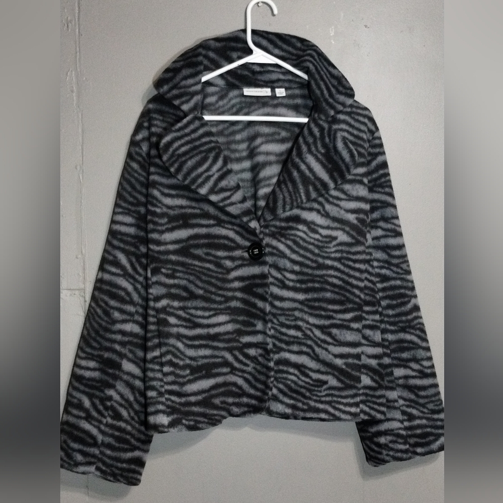 Susan Graver Animal Zebra Print Fleece Jacket Oversized Notch Collar (L)